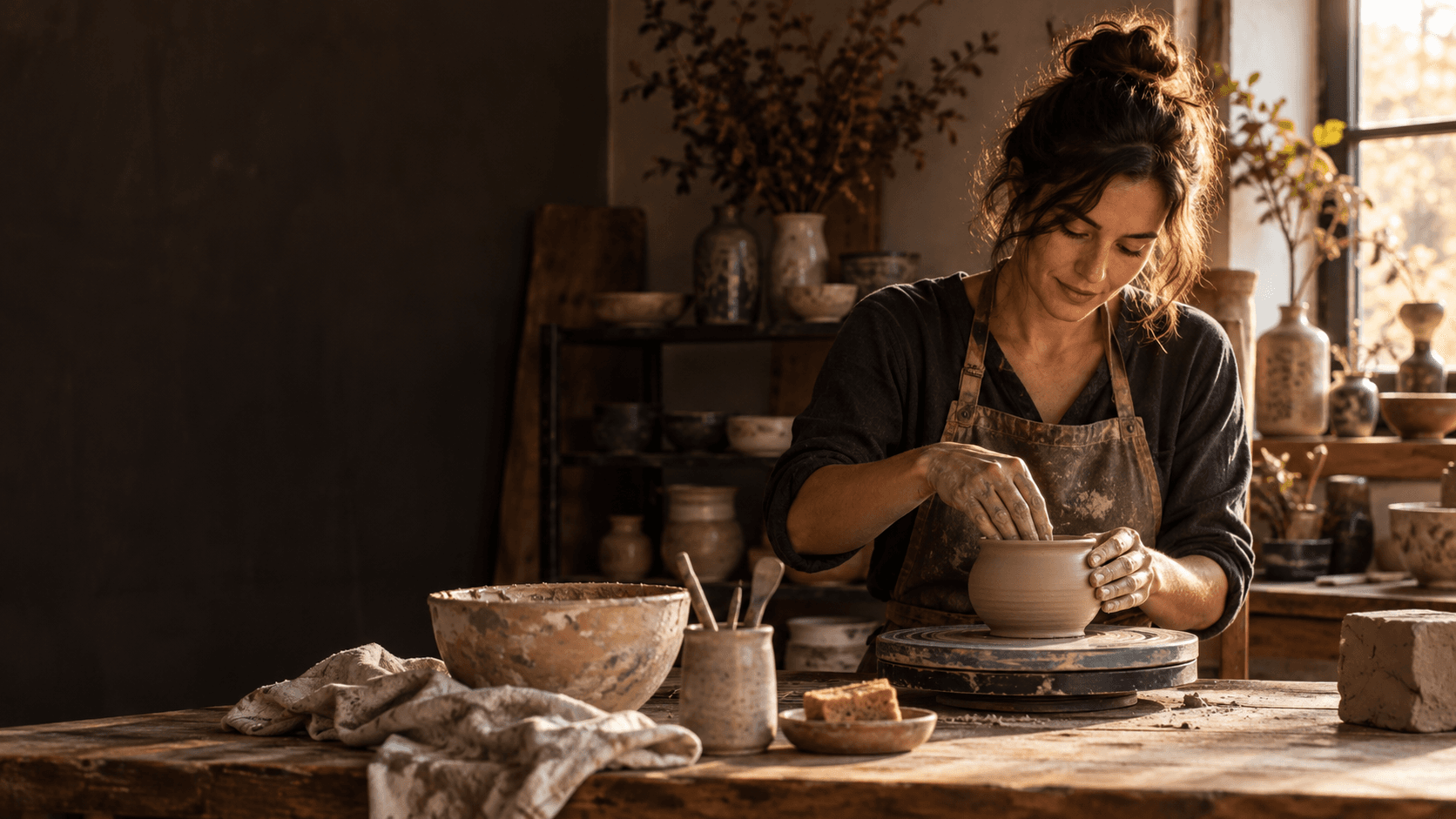 A potter shaping a vase by hand